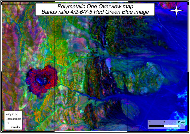 Landsat band ratios 4/2-6/7-5 RGB image.